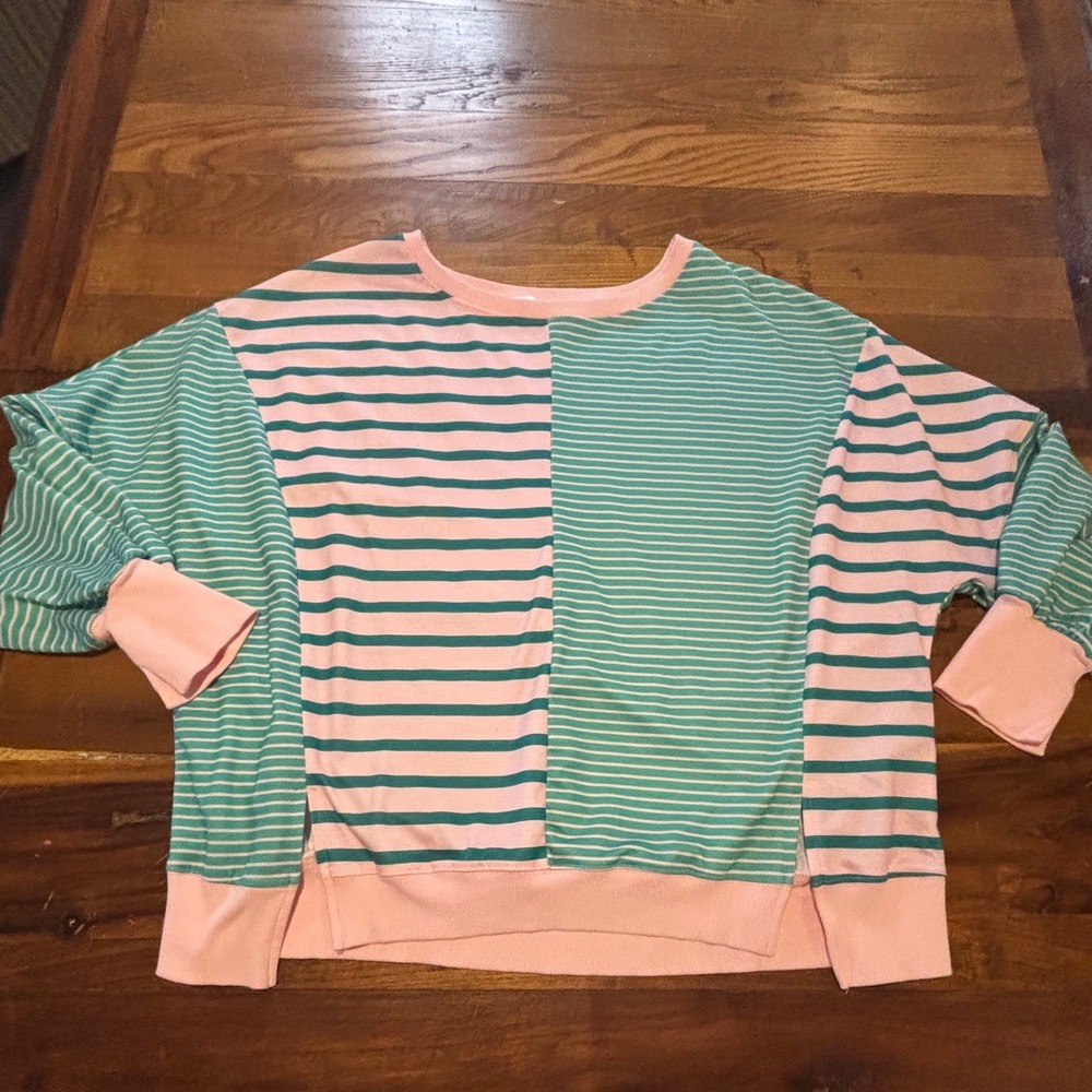 T&C Apparel Womens 2X Striped Colorblock Sweatshirt Pink Teal Batwing Pullover
